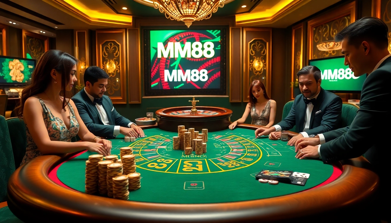 Gambling excitement at MM88 casino table with luxurious atmosphere and active players.