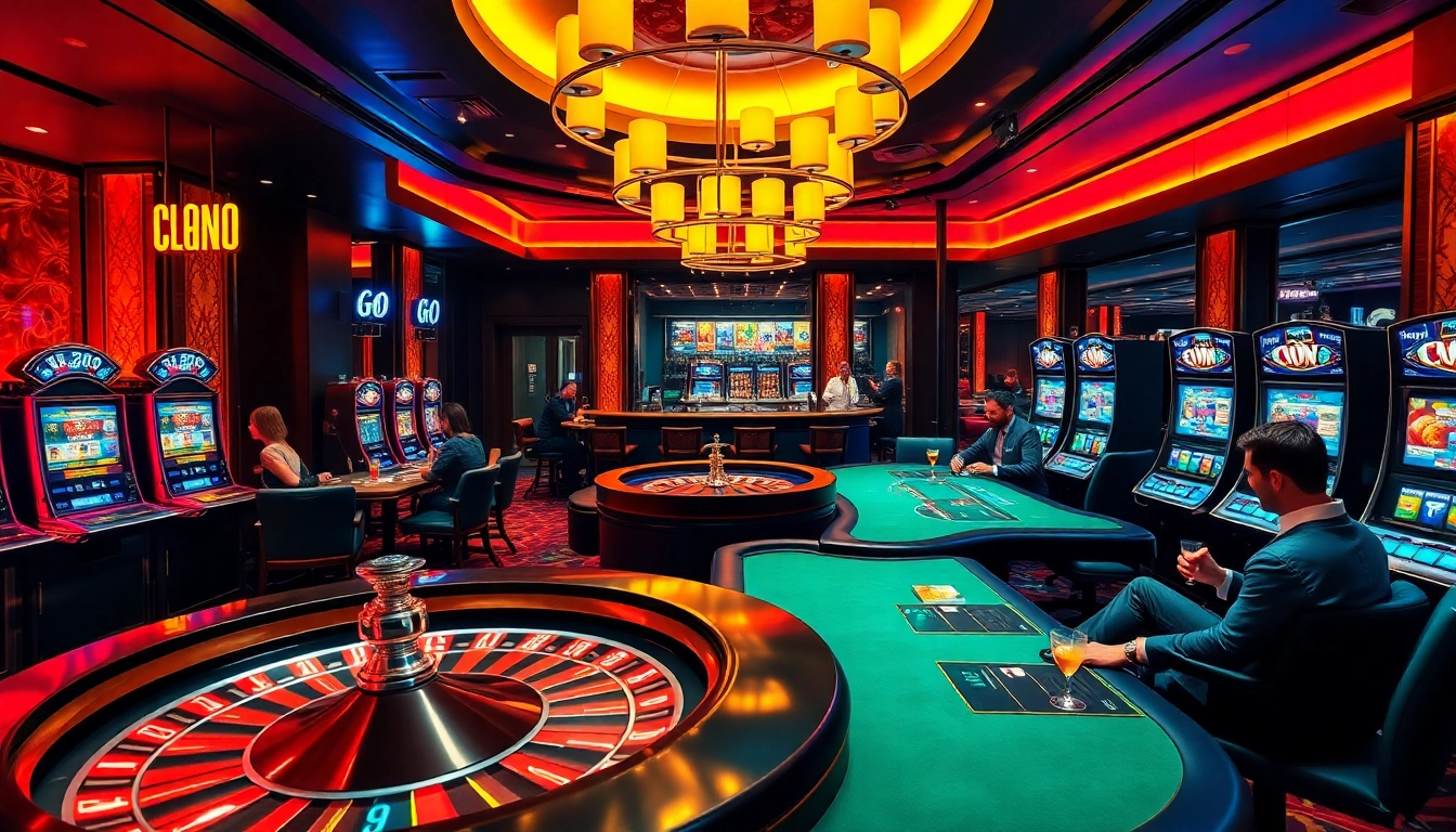 Experience thrilling gameplay at Go 8 casino with vibrant poker tables and a spinning roulette wheel.