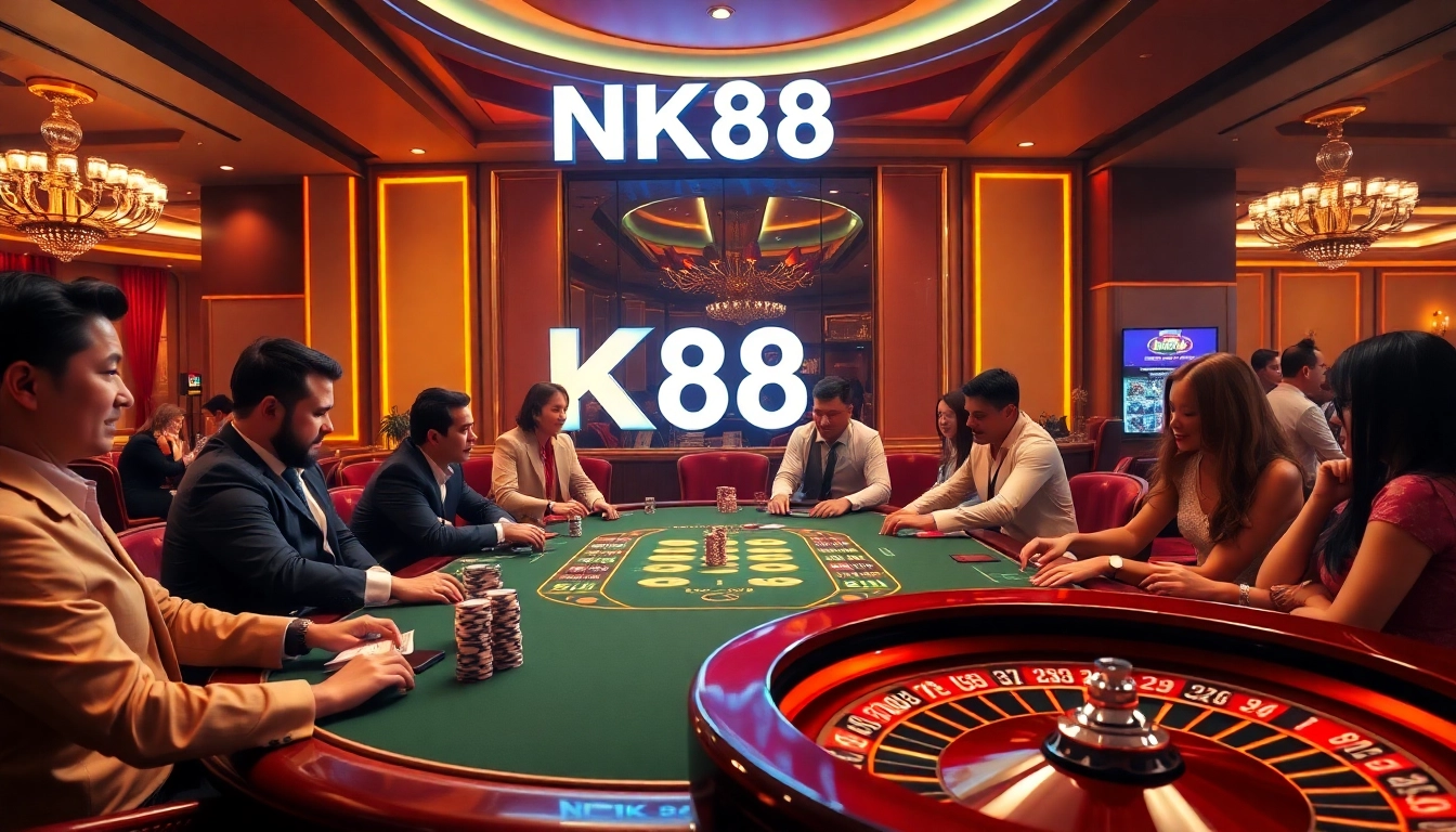 Experience high-stakes gaming at NK88 with vibrant casino visuals and thrilling betting action.