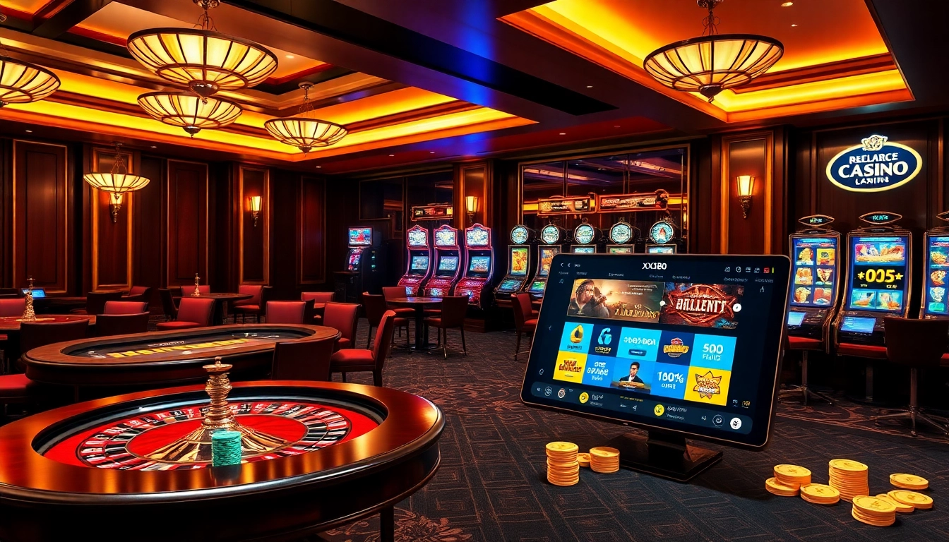 Experience thrilling online gambling action at https://xx88.promo/, showcasing luxurious casino tables and vibrant slot machines.