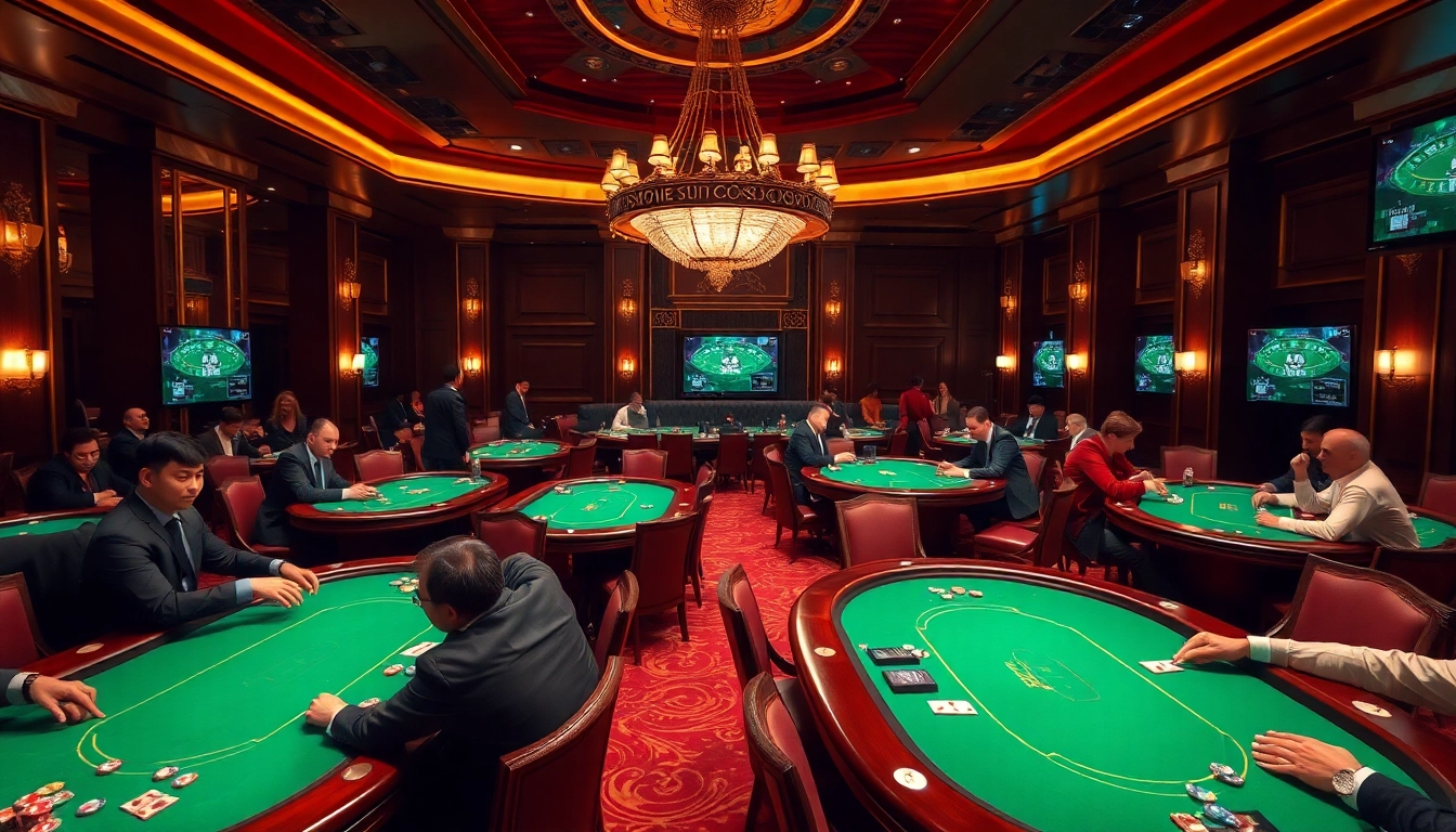 Experience high-stakes poker action at F168.STUDIO with elegant tables and vibrant casino chips.