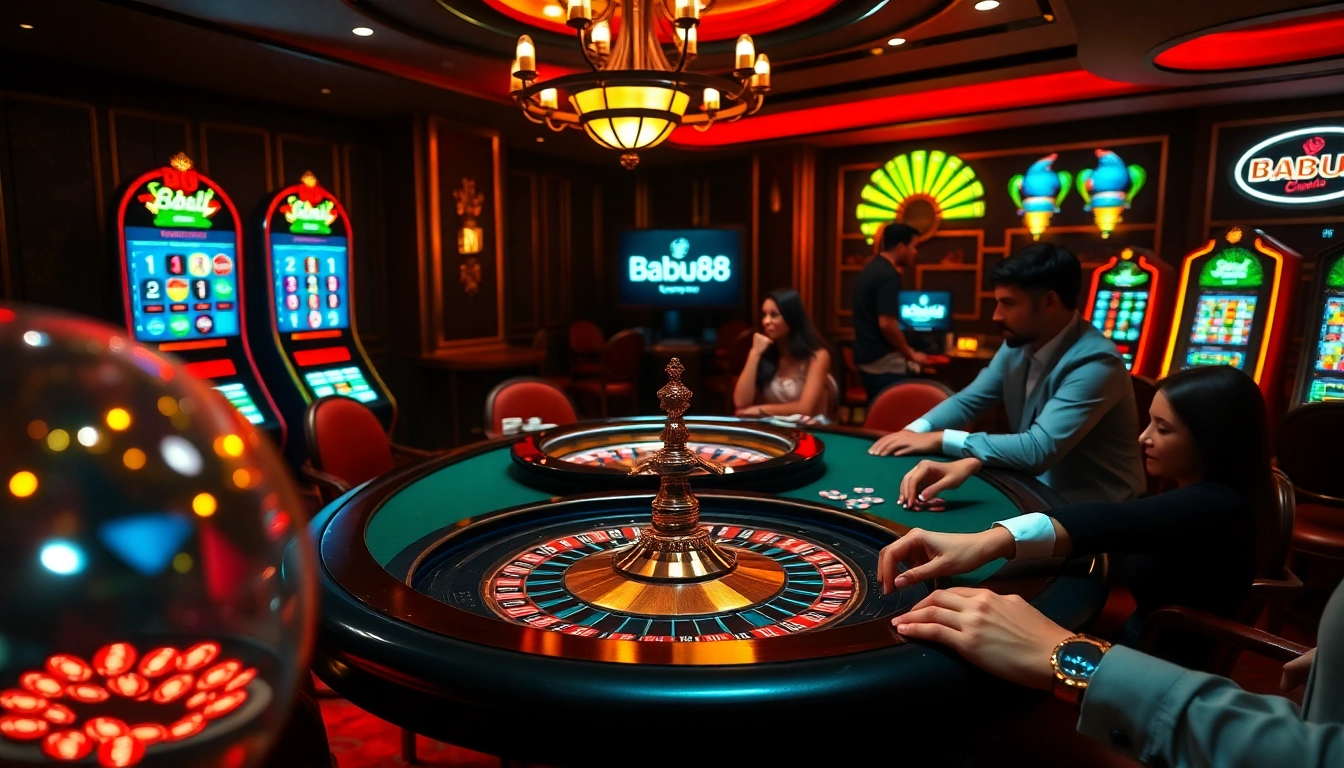 Babu88 players enjoy high-stakes poker amid a luxurious casino atmosphere, showcasing vibrant slot machines.