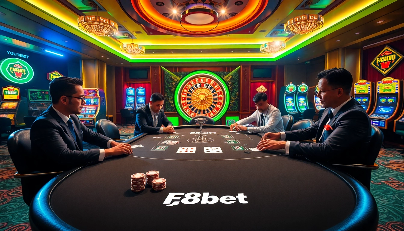 F8bet players strategizing at a luxurious poker table during an intense gambling session.