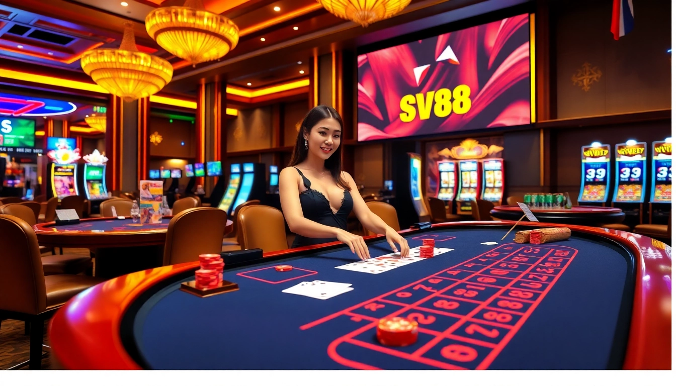 sv88 nhận thưởng at an exciting baccarat table with players and vibrant casino atmosphere