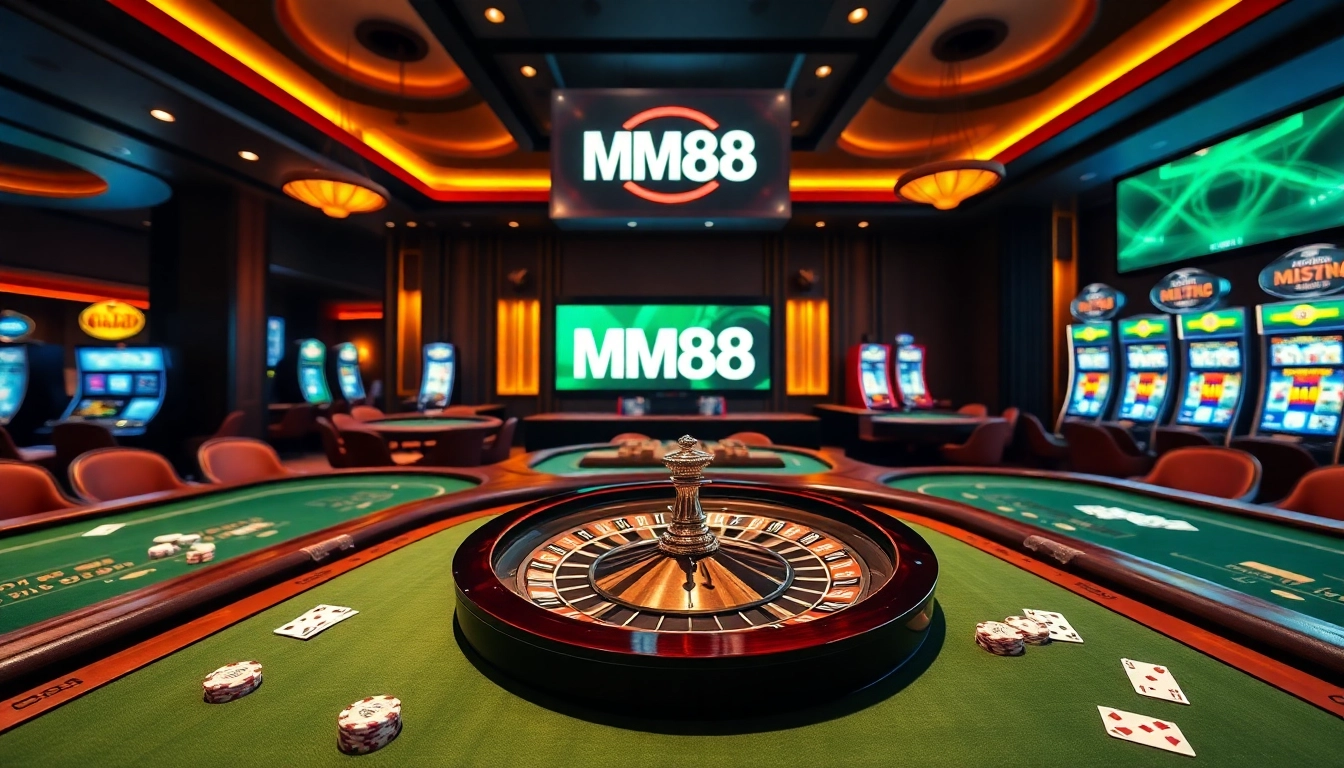 Experience the excitement of MM88 with vibrant casino action, poker tables, and roulette wheel.
