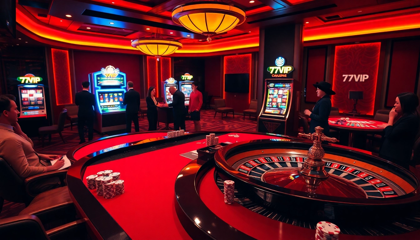 Engaging scene of gamblers at a luxury casino table with 777VIP logo, showcasing excitement and strategy.