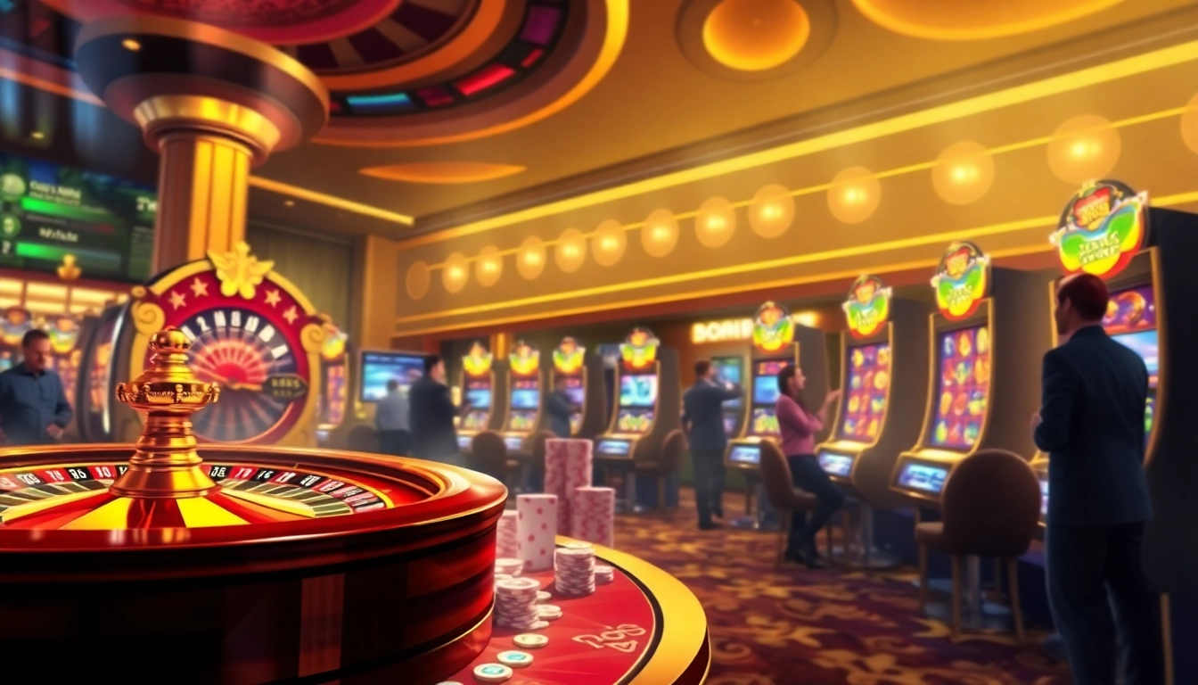 Experience the thrill of gambling at U888vip with vibrant casino visuals including roulette wheels and slot machines.