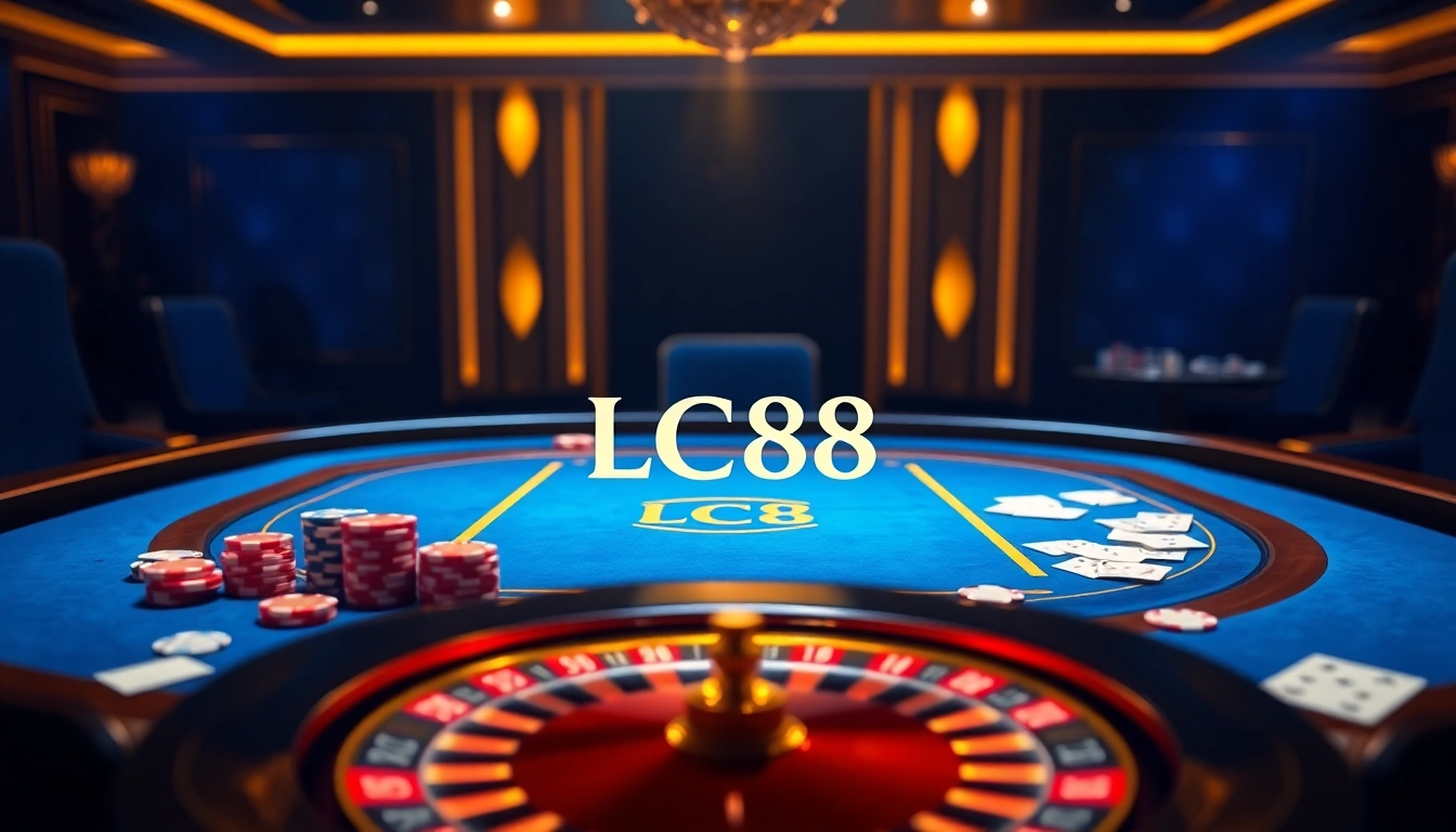 Engage in high-stakes gaming at LC88's luxurious online casino with sleek poker tables and vibrant chips.