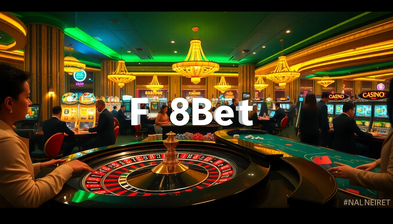 Experience high-stakes excitement at F8Bet’s vibrant casino scene, featuring roulette and slot machines.