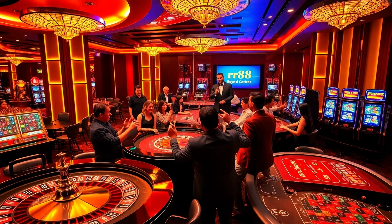 Gamblers celebrating wins at RR88 casino tables filled with excitement and luxury.