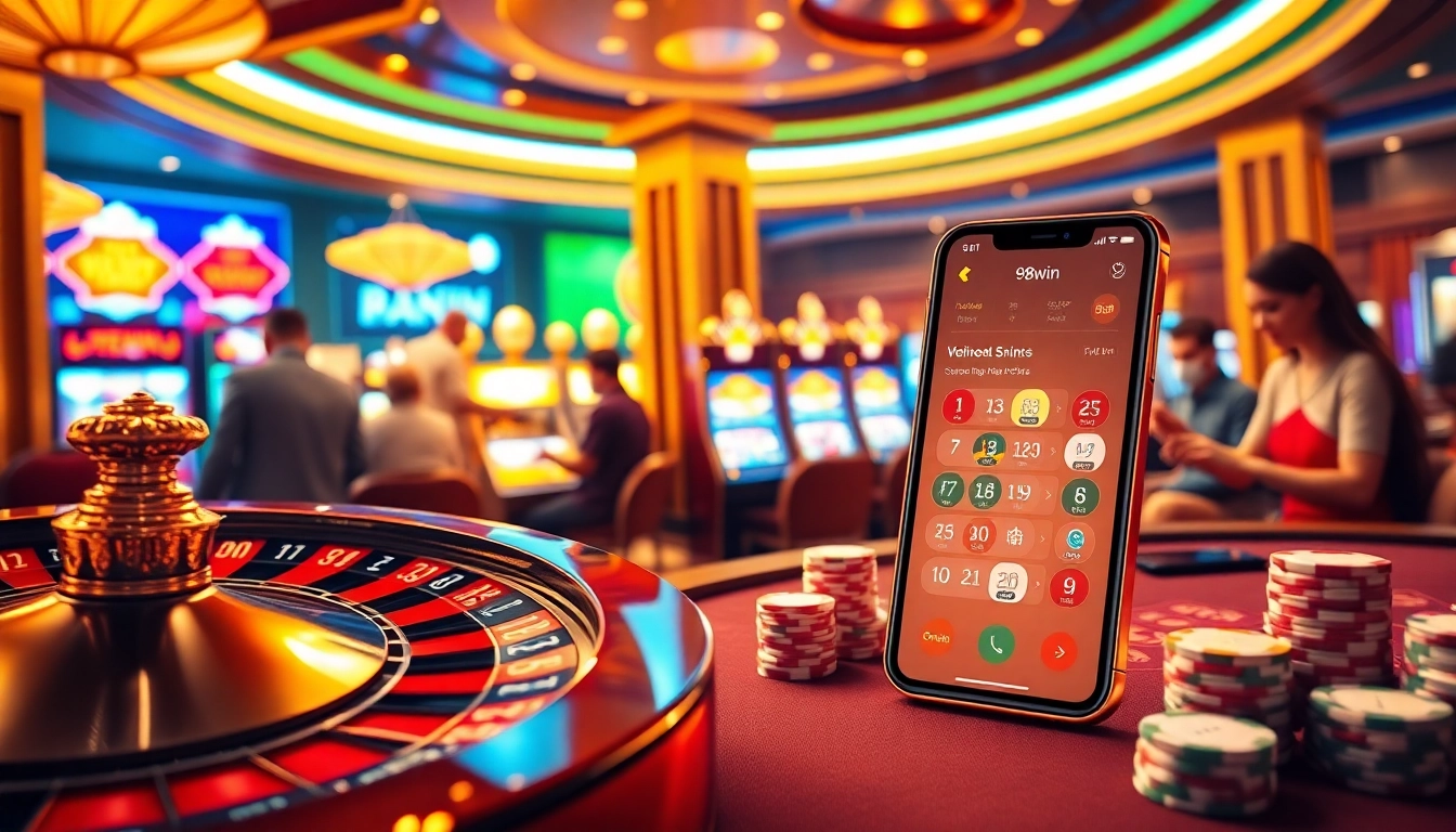 Engaging casino scene highlighting app 98win with vibrant colors, cards, and chips.