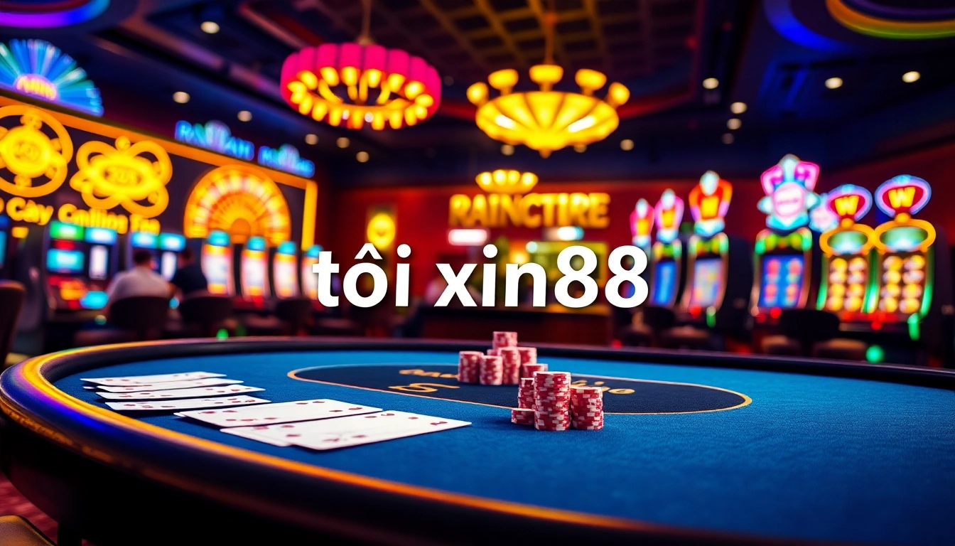 Experience online gaming excitement at tải xin88 with vibrant casino tables and slot machines.