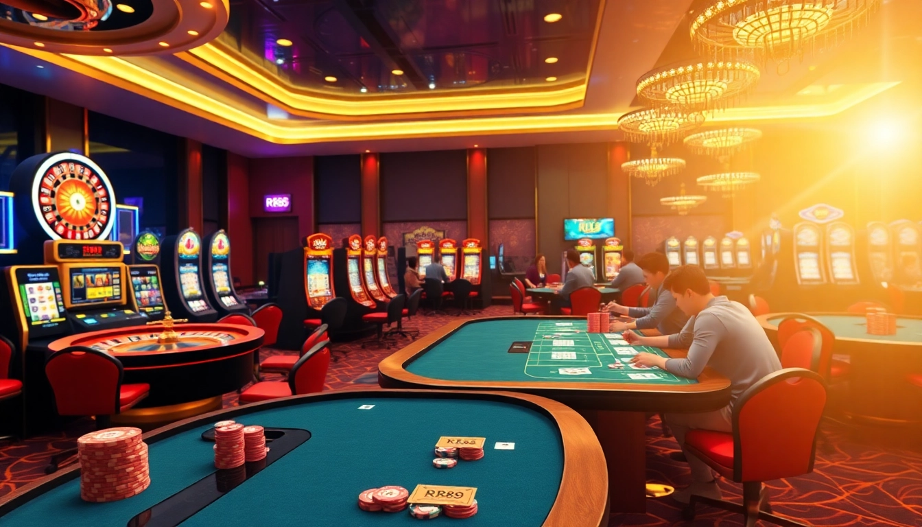 RR88 players celebrate big wins at a luxurious casino featuring roulette and vibrant slot machines.