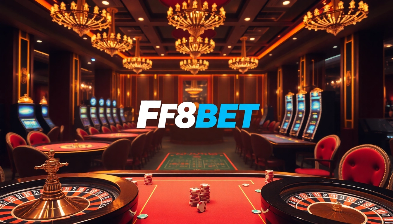 Experience the excitement of F8BET with dynamic casino visuals featuring roulette and slot machines.