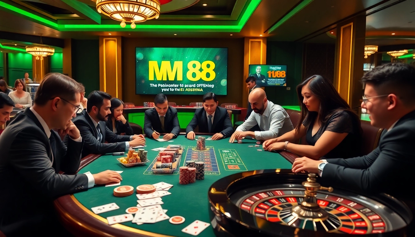Experience the thrill of gaming at MM 88 casino with vibrant poker tables and roulette wheels.