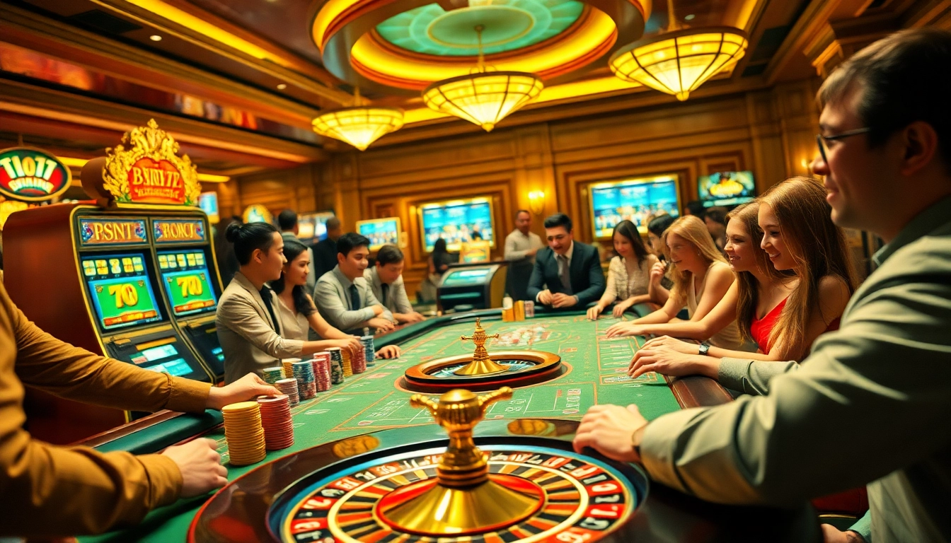 Experience the thrill of nha cai max88 with players cheering around a vibrant casino table full of chips and games.