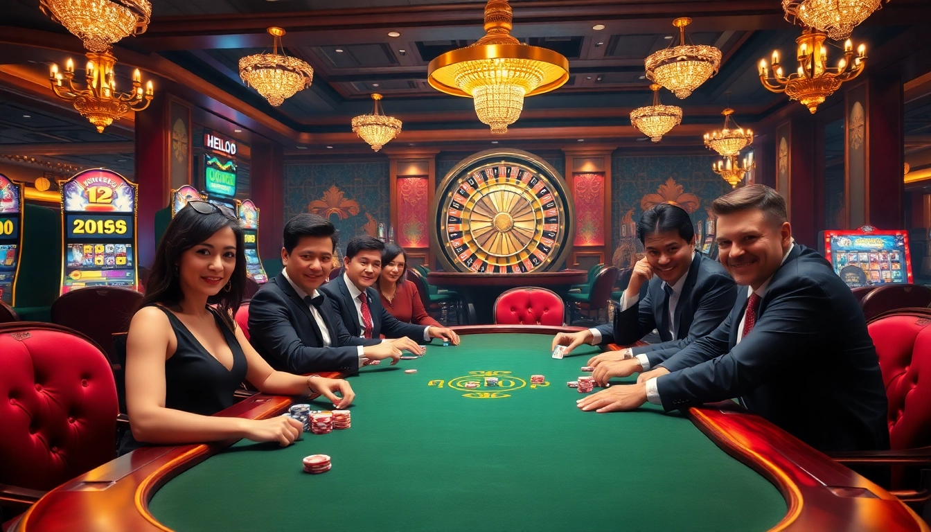 Players enjoying a thrilling poker game at Hello88 casino with vibrant chips and cards.