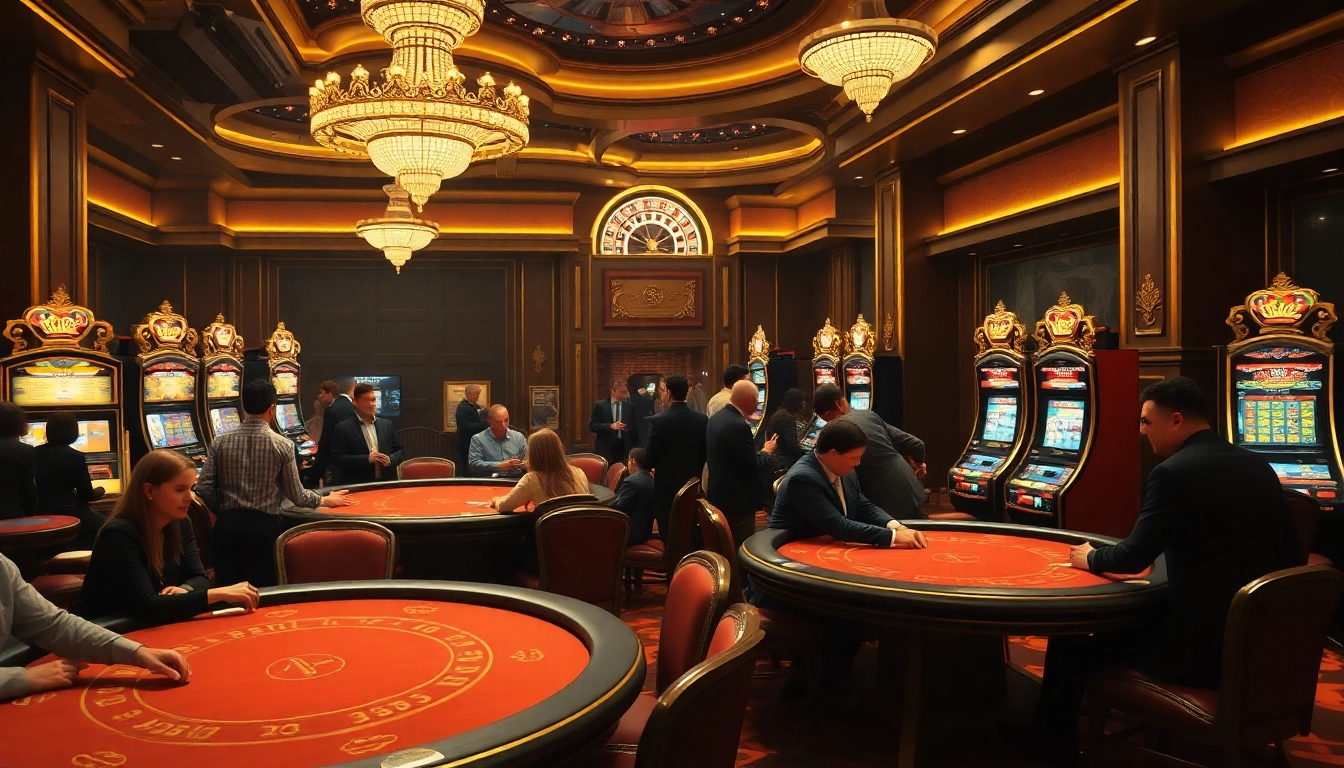 Exciting gambling scene at a luxurious casino, highlighting https://kingarthurcafe.com/menu slot machines and poker tables.