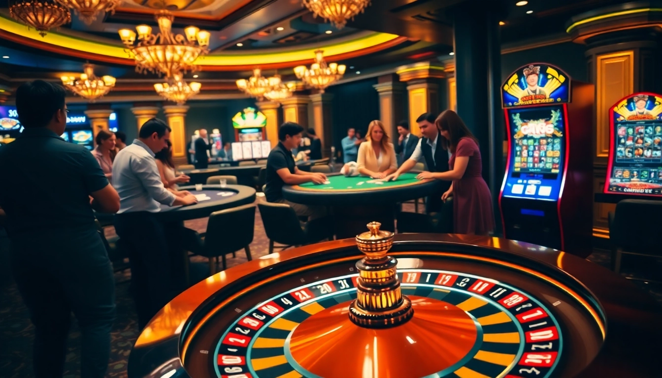 Engaging scene of players at a casino, highlighting excitement at https://fabet.free/ with roulette and poker tables.