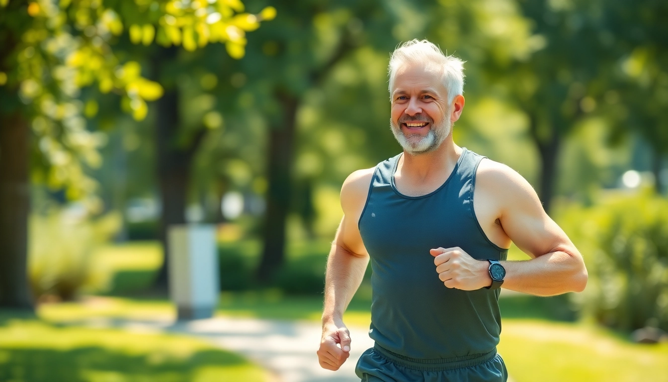 Puraboost revitalizes energy and vitality, shown through a confident man jogging in a sunny park.