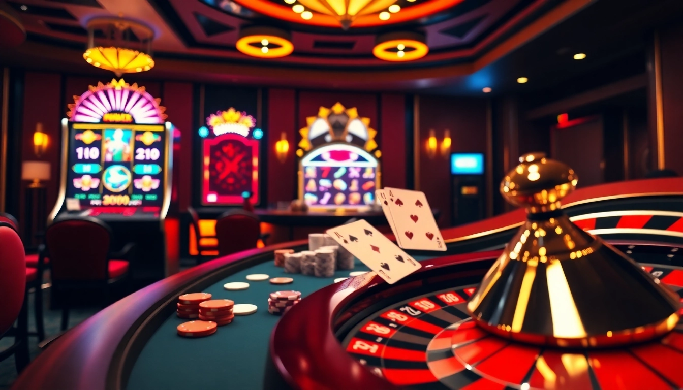 Experience high-stakes gaming at Nhà cái F8BET with an elegant casino setting and vibrant slot machines.