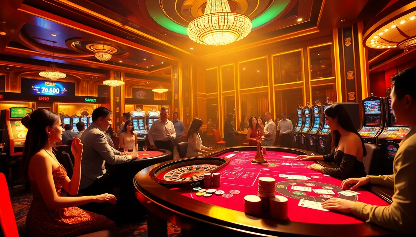 Players enjoying an exciting online casino experience at Nhà Cái F8bet with vibrant gaming tables and luxurious ambiance.