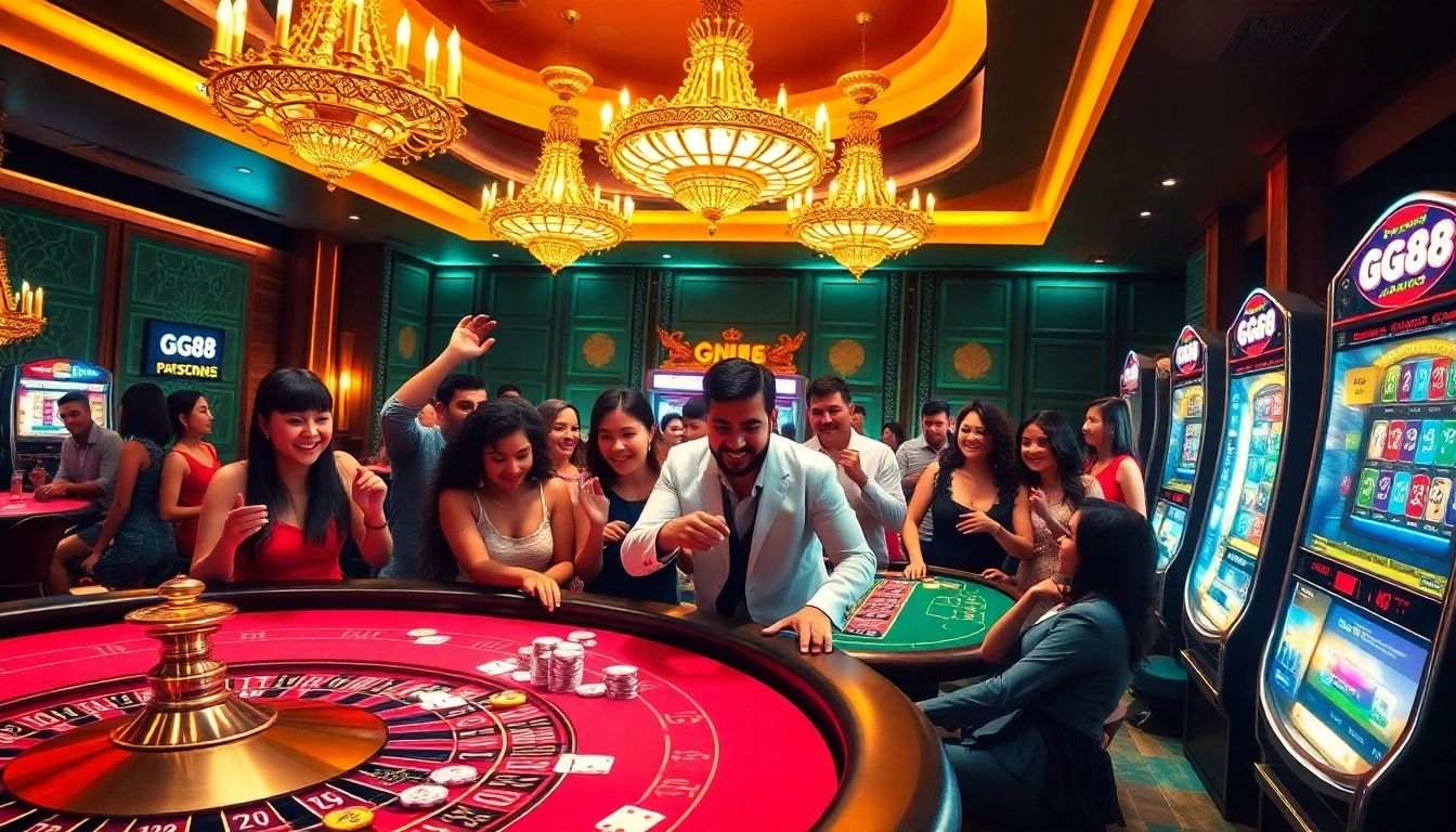 Gamblers enjoying an exciting game at GG88 casino, highlighting vibrant tables and luxurious atmosphere.