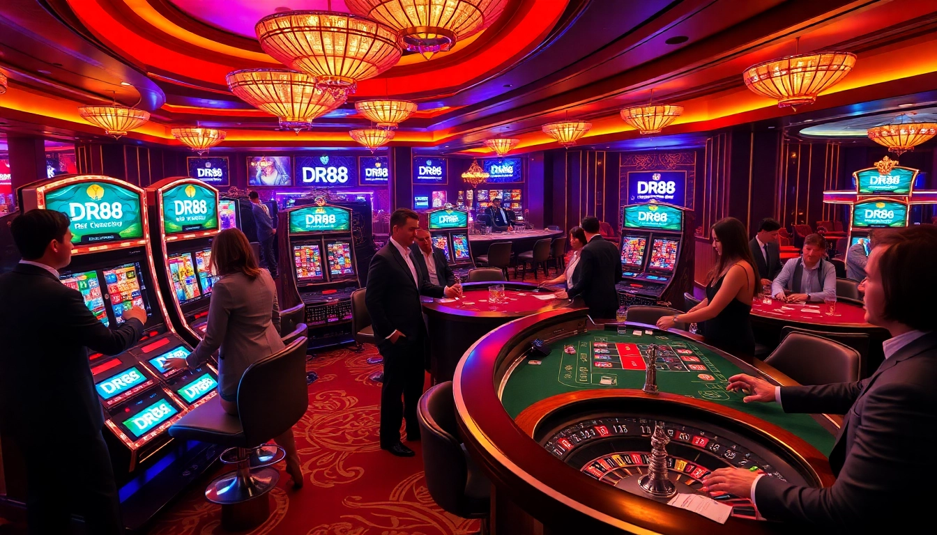 Engage with the excitement of DR88 casino games featuring vibrant slot machines and players at the roulette table.