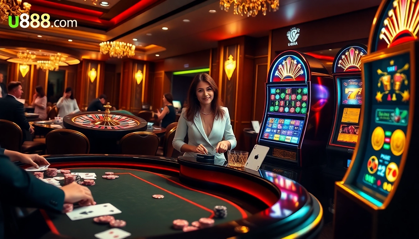 Players enjoying high-stakes games at u888.com casino with vibrant slots and poker action.
