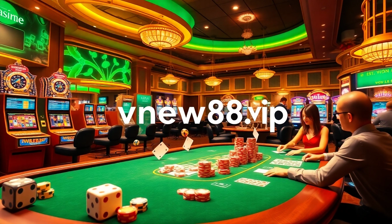 Experience thrilling gaming at https://vnew88.vip/ with vibrant casino visuals of poker tables and slot machines.