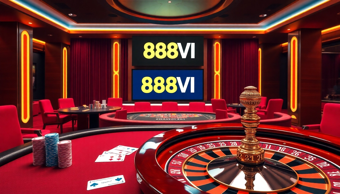 Experience the excitement of gaming at Trang chủ 888VI with vibrant poker chips and roulette.