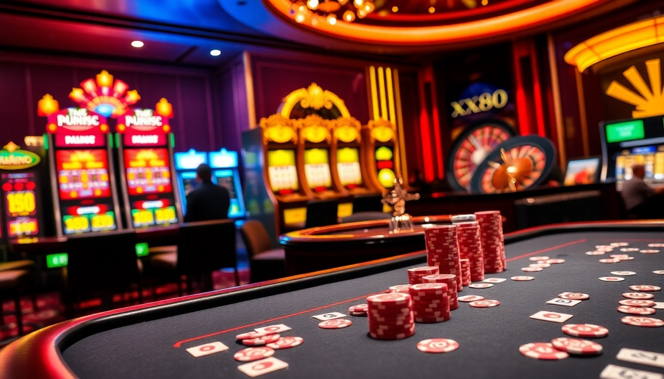 Players enjoying a thrilling poker game at XX88 casino tables with vibrant chips and cards.