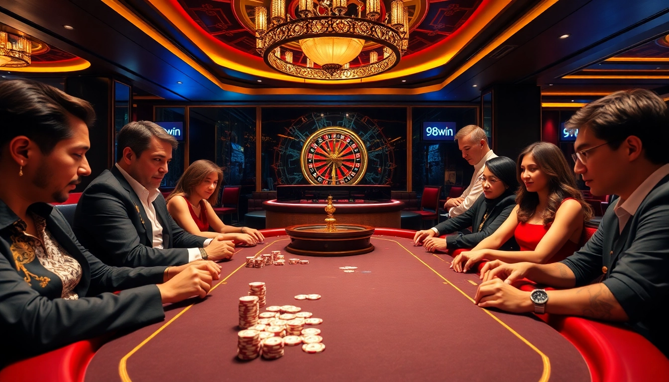 Players enjoying a high-stakes game at 98win's luxurious poker table.