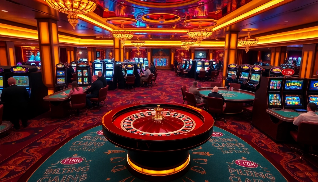 Exciting f168 casino scene with roulette, slot machines, and engaged players.