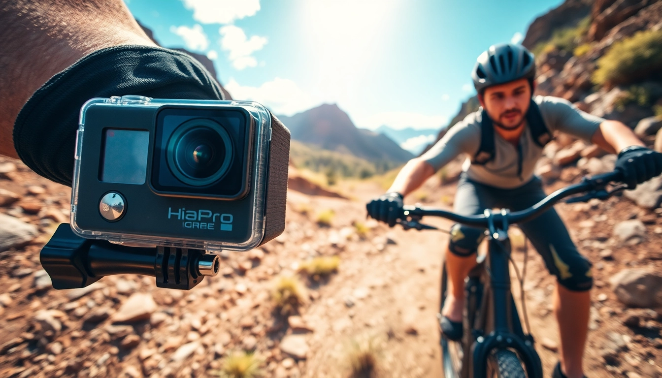 Action camera capturing an adventurer biking in a rugged landscape.