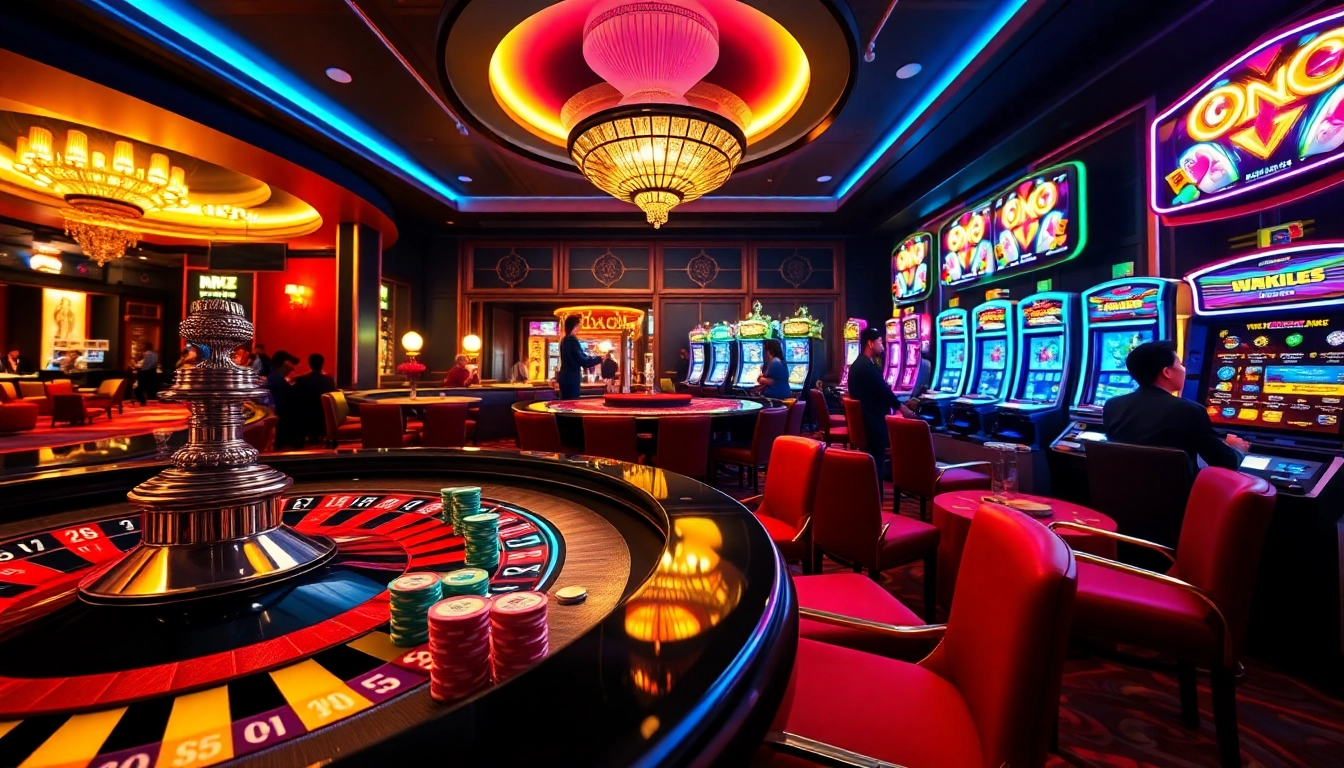 Experience thrilling action at https://68win2025.online/ with vibrant casino visuals and players engaging in exciting games.