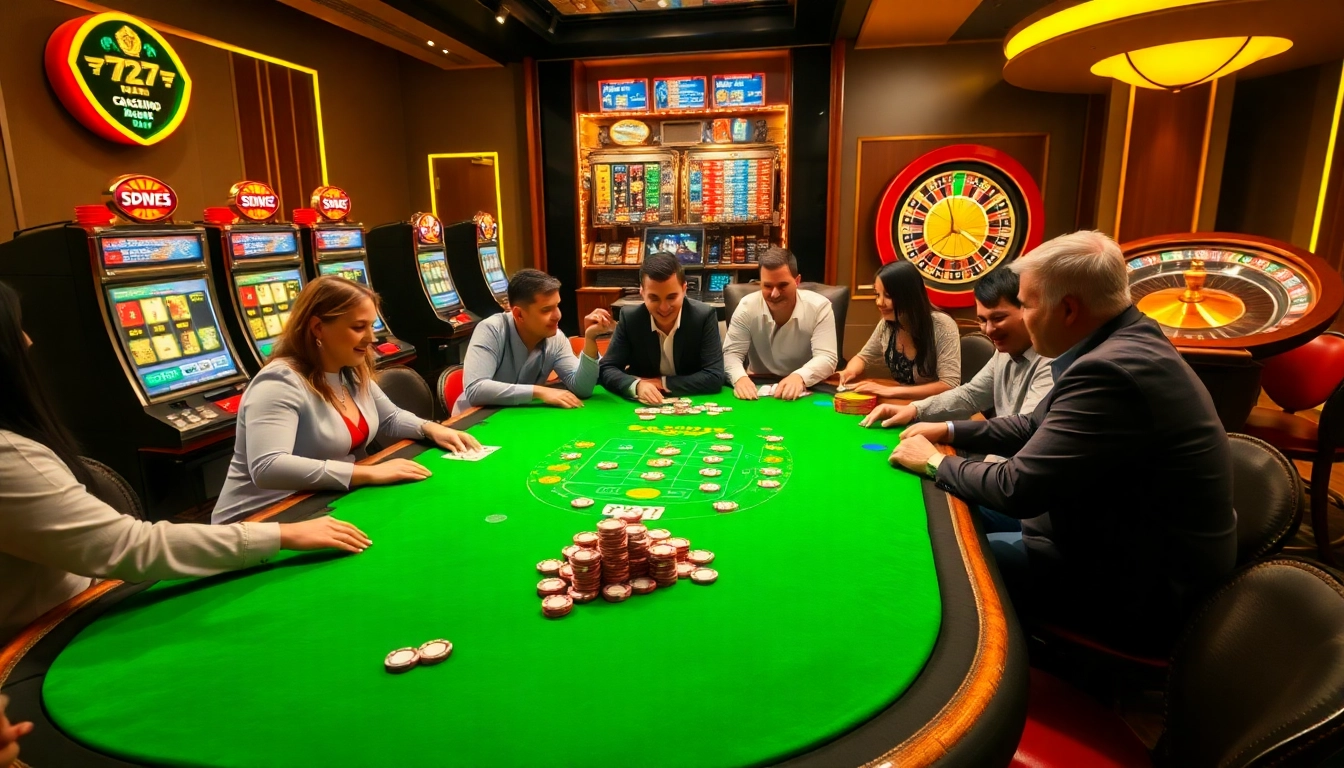 Players enjoying blackjack at a luxurious 7C77 casino table, immersed in the thrilling atmosphere.