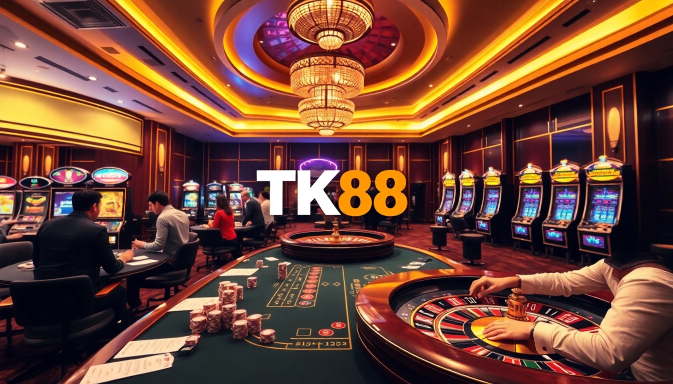 Players strategizing at TK88's vibrant casino tables amid a luxurious gambling environment.
