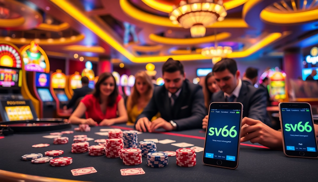 Experience sv66 excitement at a luxury casino with poker chips, cards, and slot machines.