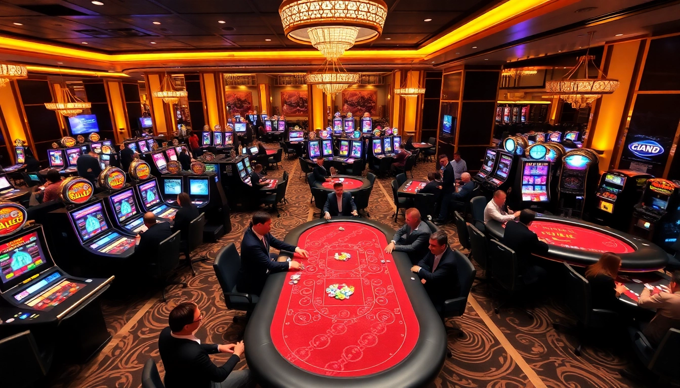 GO8 casino scene with players engaging in poker, roulette, capturing excitement in a luxurious setting.