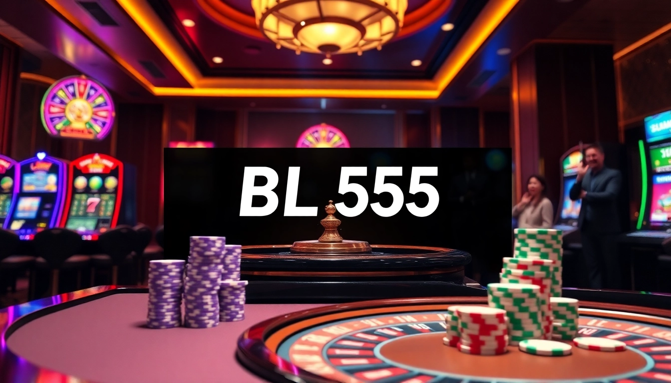 Experience the thrill of gambling at BL555 with colorful slot machines and poker chips stacked high.