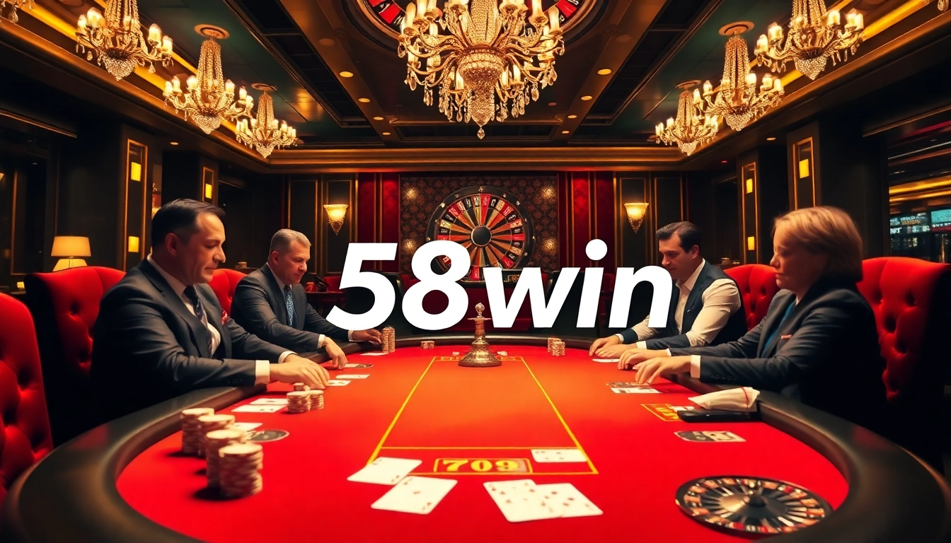 High-stakes poker players enjoying a thrilling game at 58win's vibrant casino.