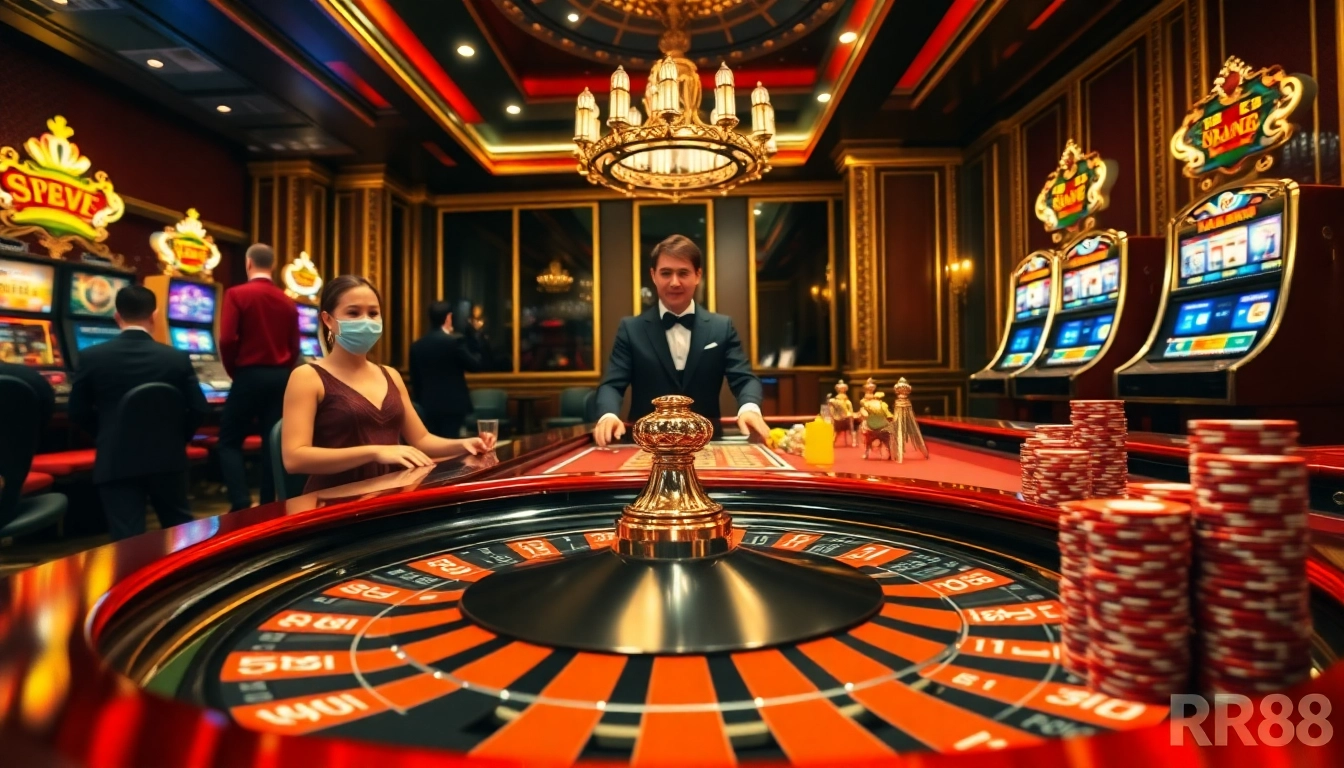 Exciting roulette table scene with players at RR88 casino, showcasing thrill and luxury.