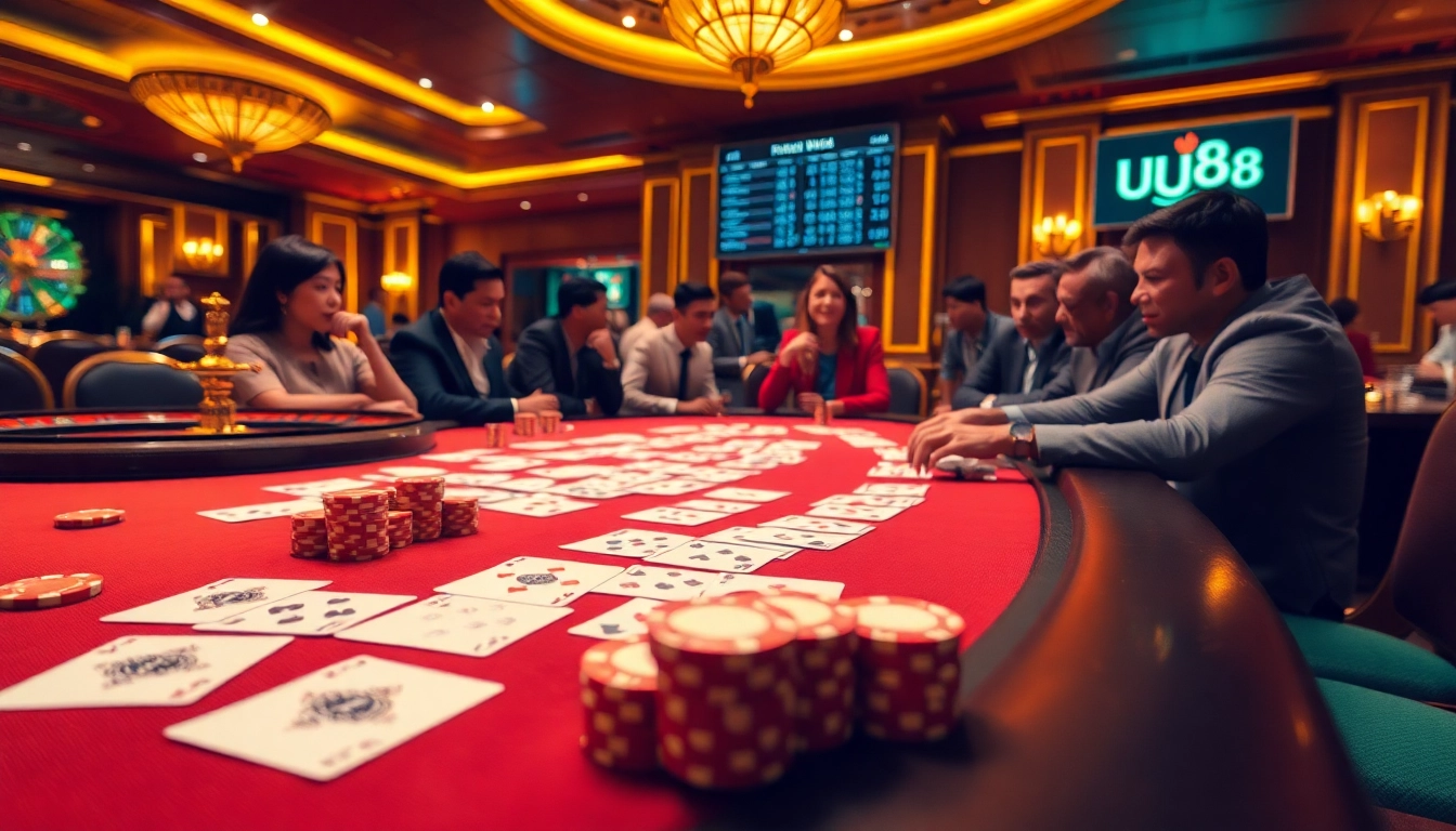Players enjoying high-stakes poker at a luxury casino, with UU88 featured on a digital screen.