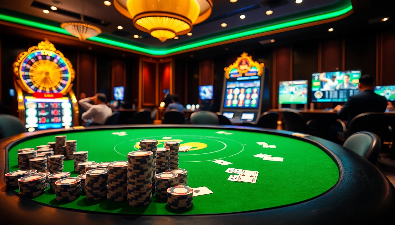 Experience thrilling gaming moments at https://jun88pl.com/ with tabletop games, slot machines, and vibrant casino aesthetics.