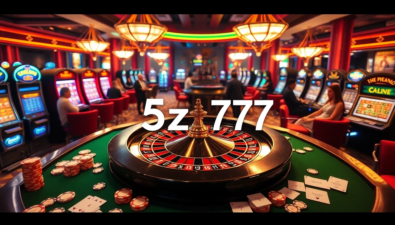 Explore the vibrant 5z777 casino scene with roulette and poker tables, capturing luxury and excitement.