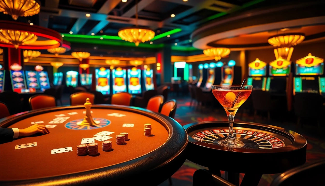 Nohu-themed casino scene with elegant poker tables, glowing slot machines, and luxurious cocktails.