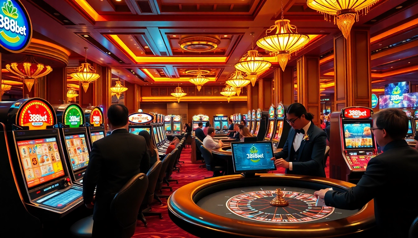 Experience the thrill of 388bet casino with vibrant tables and luxurious decor.