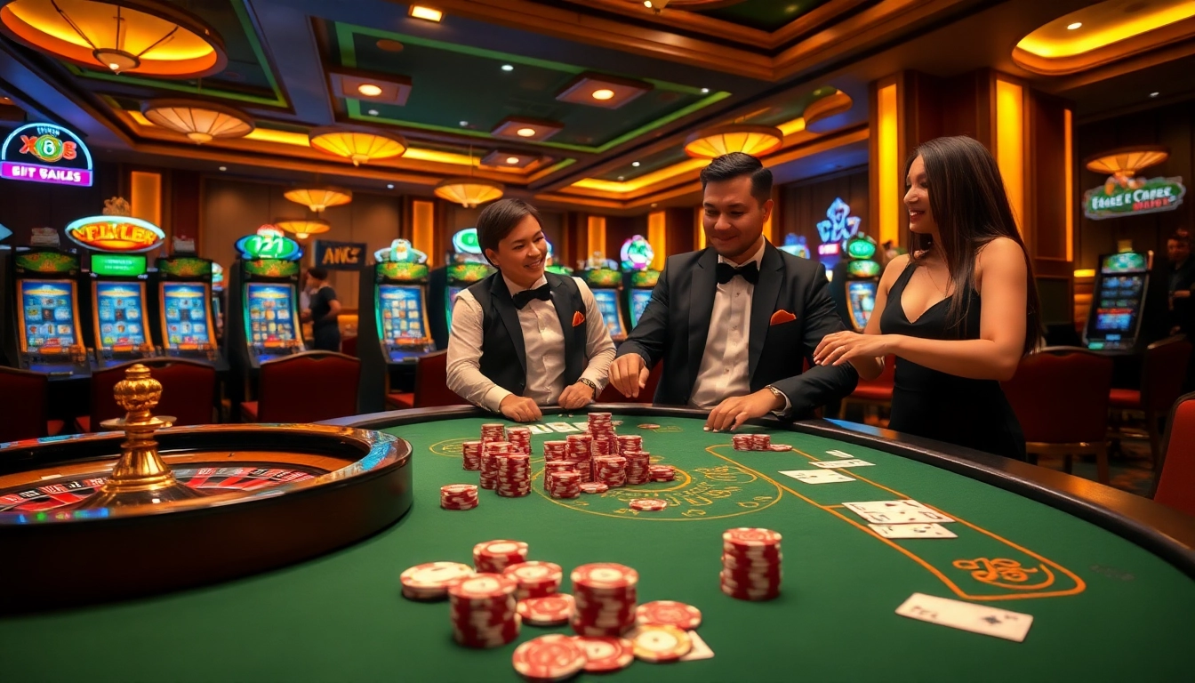Players enjoying a thrilling game at XX88's casino, showcasing poker chips and cards, embodying the excitement of gambling.