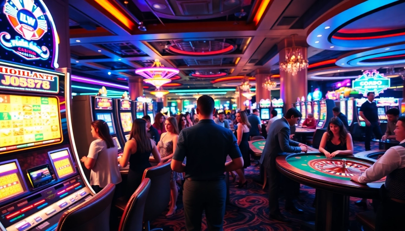 SODO Casino scene with vibrant slot machines and excited gamblers enjoying their games.